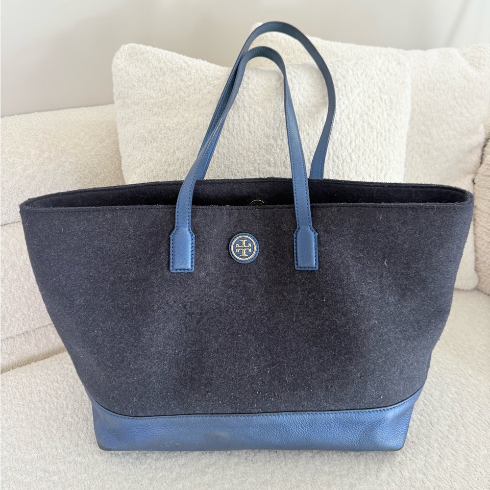 Tory Burch Emma Gray Wool & Metallic‎ Blue Leather Tote Bag